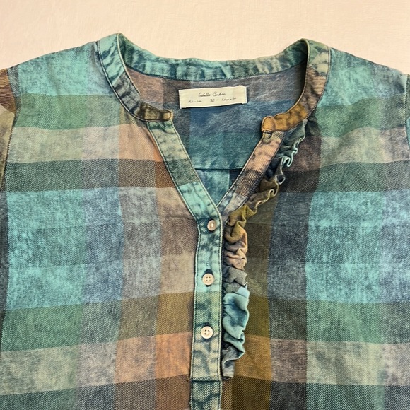 🔵 Anthropologie Isabella Sinclair Blue Plaid Shirt - Picture 3 of 7